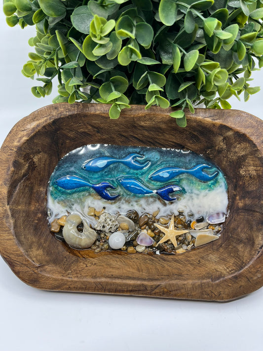 Wooden Primitive Dough Bowl with Ocean Resin Fish and Outer Banks Shells