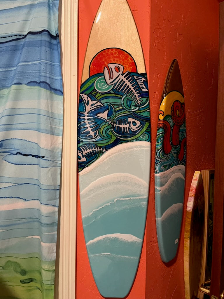 Surfboard Art. Wooden Surfboard Shape, Ocean Resin Waves with Fish Bones Dancing in the Ocean