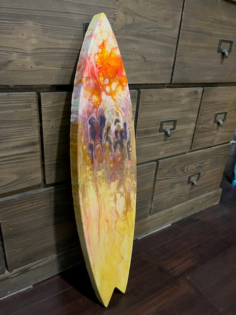 Surfboard Art. Orange and Purple Acrylic Pour on Foam Sealed with Resin 24" x 6"