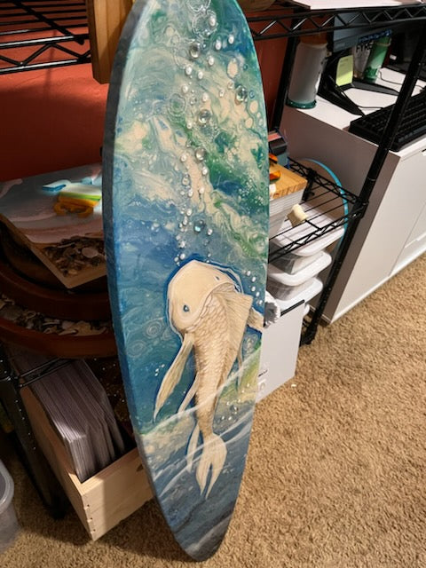 Surfboard Art. Hand Painted Koi Fish on Sign Foam sealed with Resin 9.5" x 42"