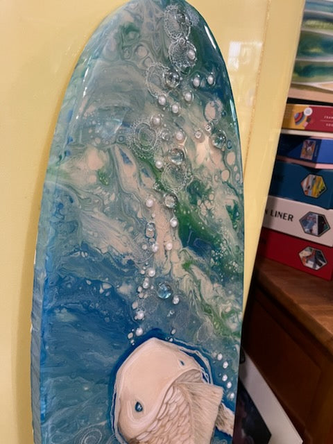 Surfboard Art. Hand Painted Koi Fish on Sign Foam sealed with Resin 9.5" x 42"