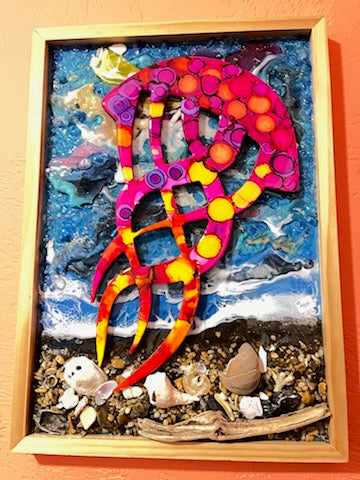 Mixed Media Wall Art.  Hand Painted Jelly Fish with Resin and Shells Background 16" x 23"