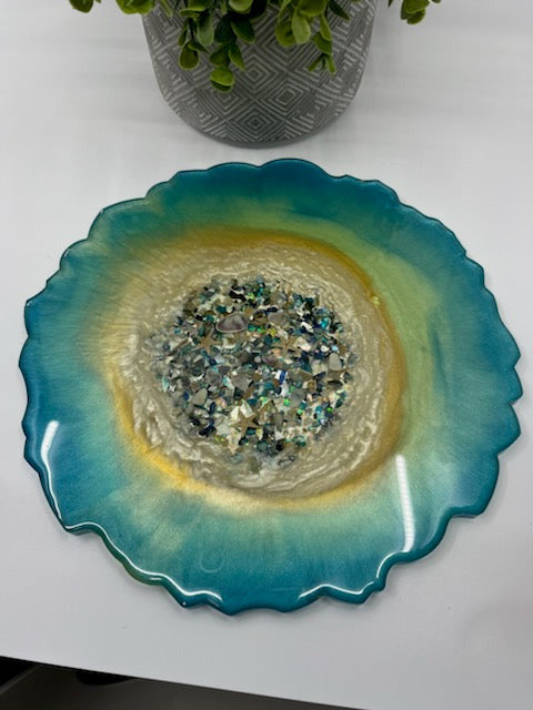 Resin Agate Style Tray with Blue Teal with crushed blue shells center.