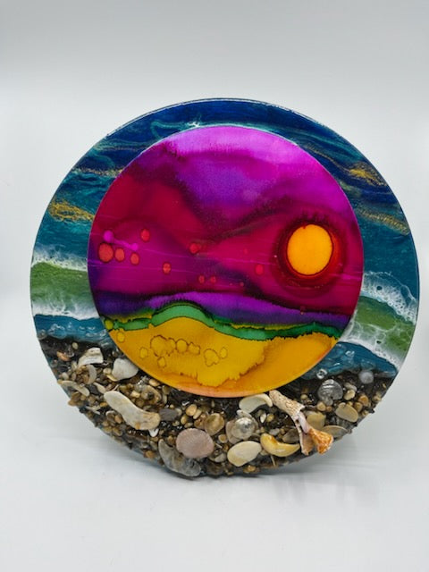 Mixed Media Art. Hand Painted and Resin Art with Ocean Waves and Outer Banks Shells.