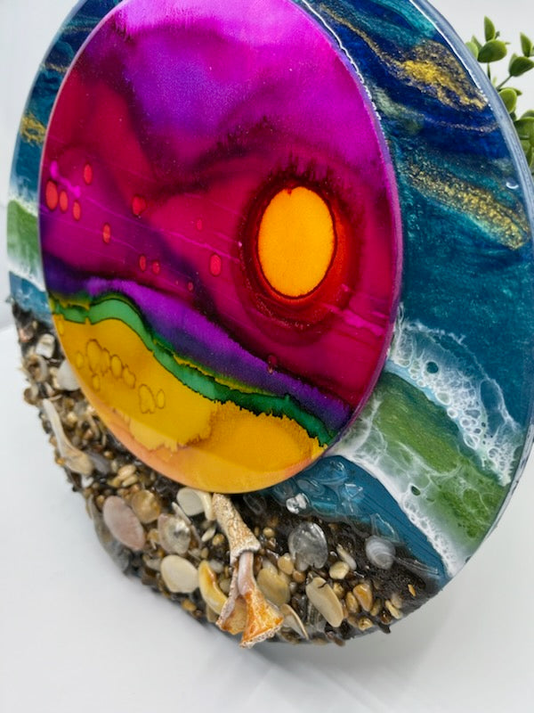Mixed Media Art. Hand Painted and Resin Art with Ocean Waves and Outer Banks Shells.