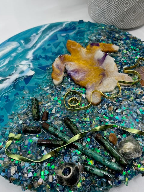 Mixed Media Art. Resin Art with Sea Turtle and Outer Banks Shells.