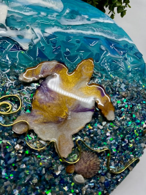 Mixed Media Art. Resin Art with Sea Turtle and Outer Banks Shells.