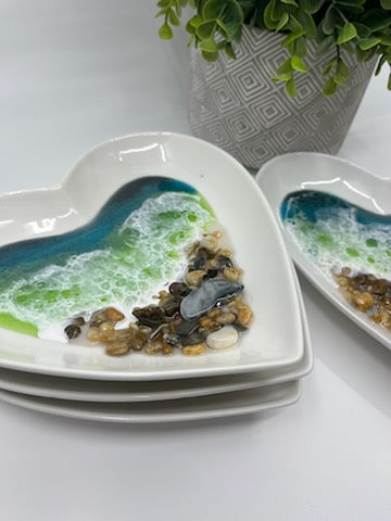 Ring Trinket Dish. Ceramic 6" Heart with Shells and Teal Resin Ocean Waves