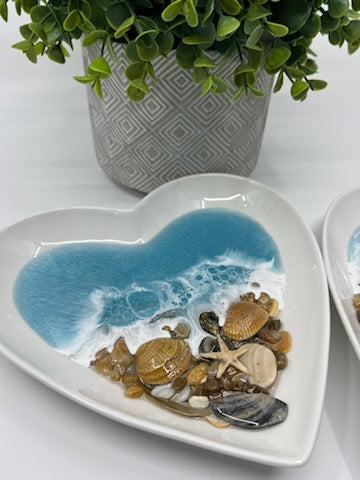 Ring Trinket Dish. Ceramic 6" Heart with Shells and Light Blue Resin Ocean Waves