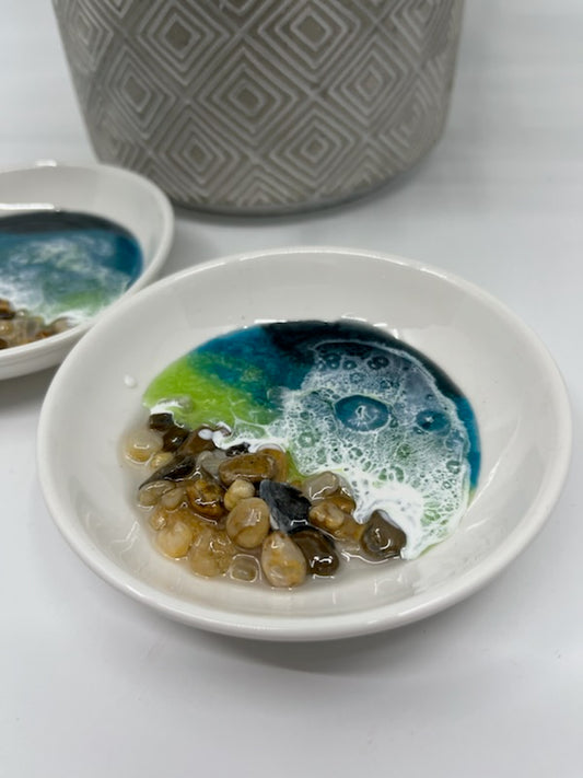 Ring Trinket Dish. Round 3" Ceramic with Shells and Resin Ocean Waves Green & Teal