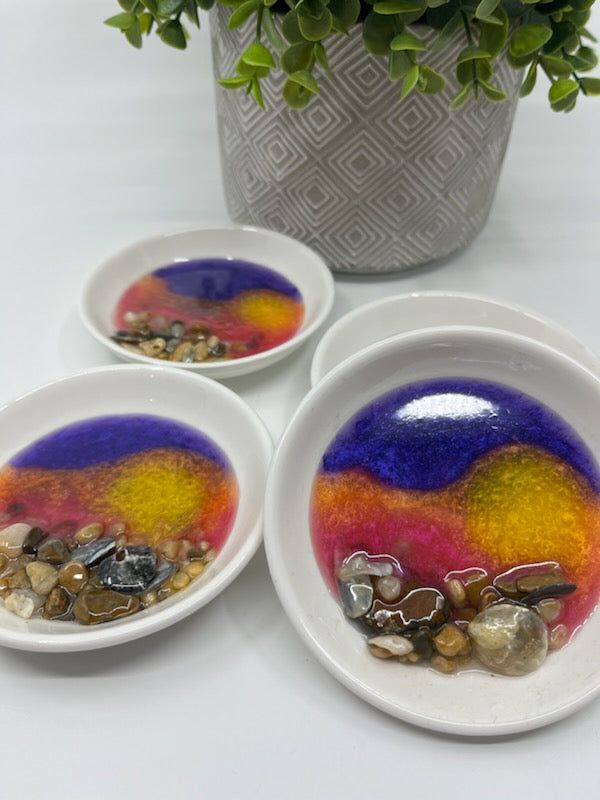 Ring Trinket Dish. Round 3" Ceramic with Shells and Resin Ocean Waves Purple Sunset