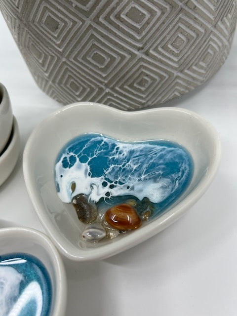 Mini 3" Ceramic Heart Dishes with Shells and Ocean Resin Waves Medium Blue