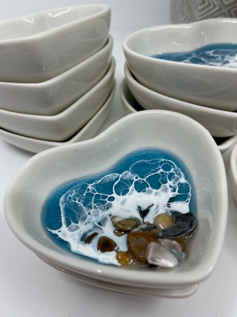Mini 3" Ceramic Heart Dishes with Shells and Ocean Resin Waves Medium Blue