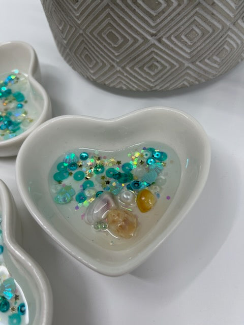 Mini 3" Ceramic Heart Dishes with Shells and Teal Glitter