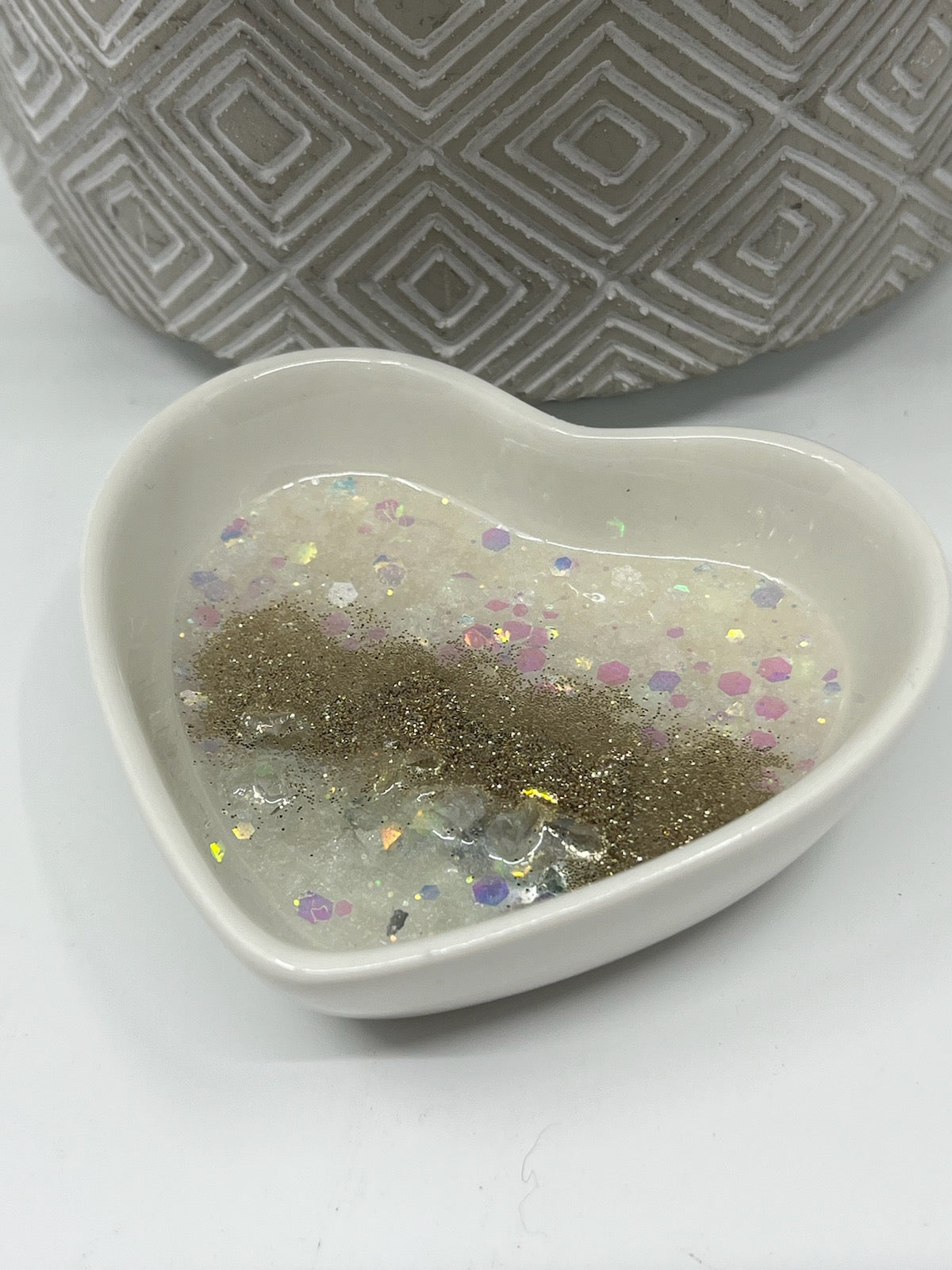 Mini 3" Ceramic Heart Dishes with White and Gold Glitter