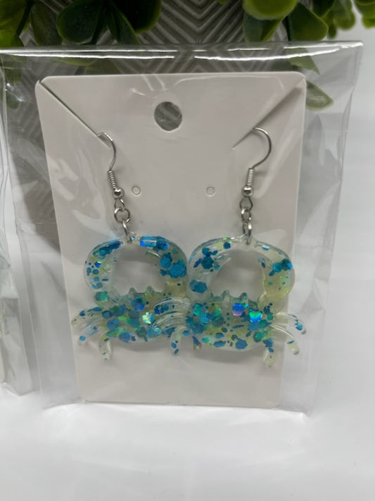 Crab Earrings. Blue and green glitter bomb in Resin.