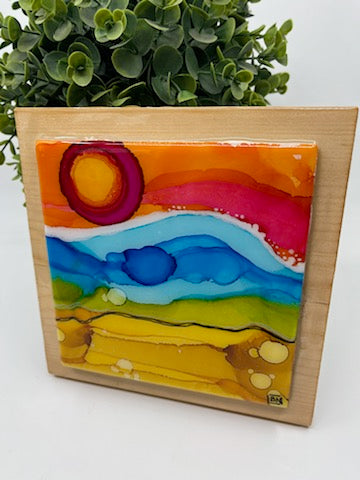 Hand Painted Ceramic Tiles - Alcohol Ink Sealed with Resin on 7" x 7" Wood  #1