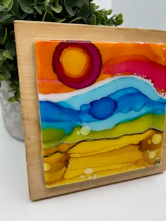 Hand Painted Ceramic Tiles - Alcohol Ink Sealed with Resin on 7" x 7" Wood  #1