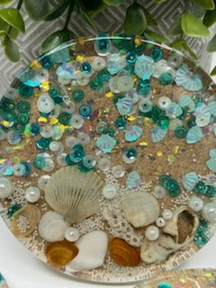 Coaster Set of 4 - Clear with Blue & Teal Chunky Glitter, Shells Round Coaster