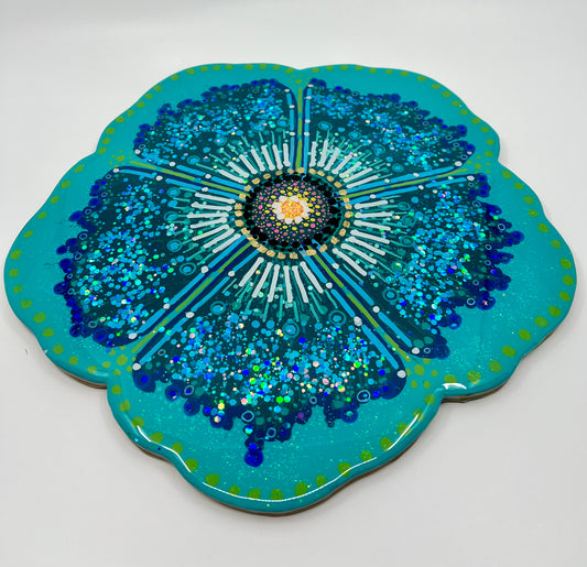 Blue Hibiscus Flower Wooden Decorative Tray
