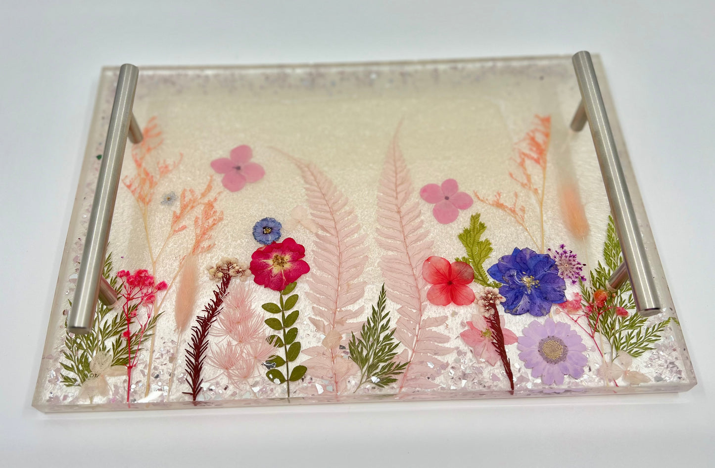Resin Decorative Tray with Pressed Flowers and Silver Handles