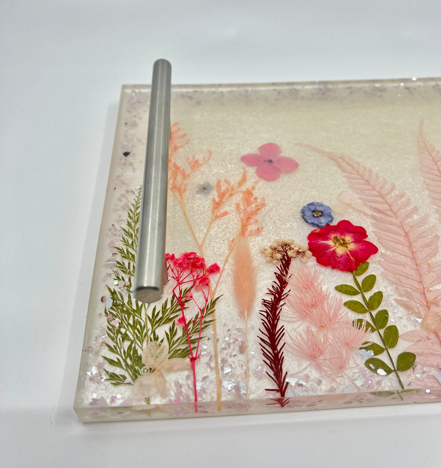 Resin Decorative Tray with Pressed Flowers and Silver Handles