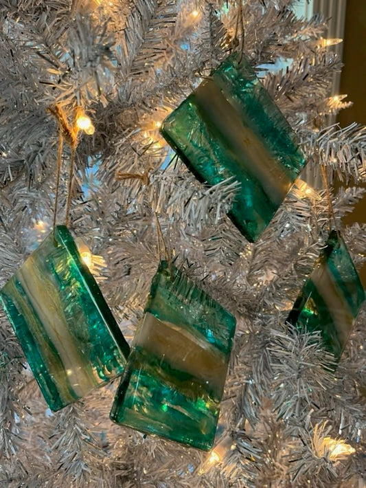Square Resin Ocean Waves Abstract Ornament. Green, Clear, White and Gold