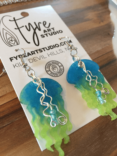 Jelly Fish Earrings. Bright Blue Lime Green Resin wire beads
