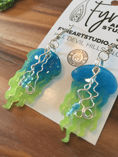 Jelly Fish Earrings. Bright Blue Lime Green Resin wire beads