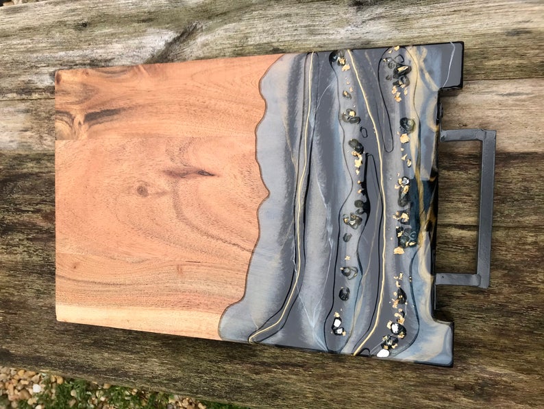 Large Wood Cutting Board Gourgeous Black, Grey Gold Resin.
