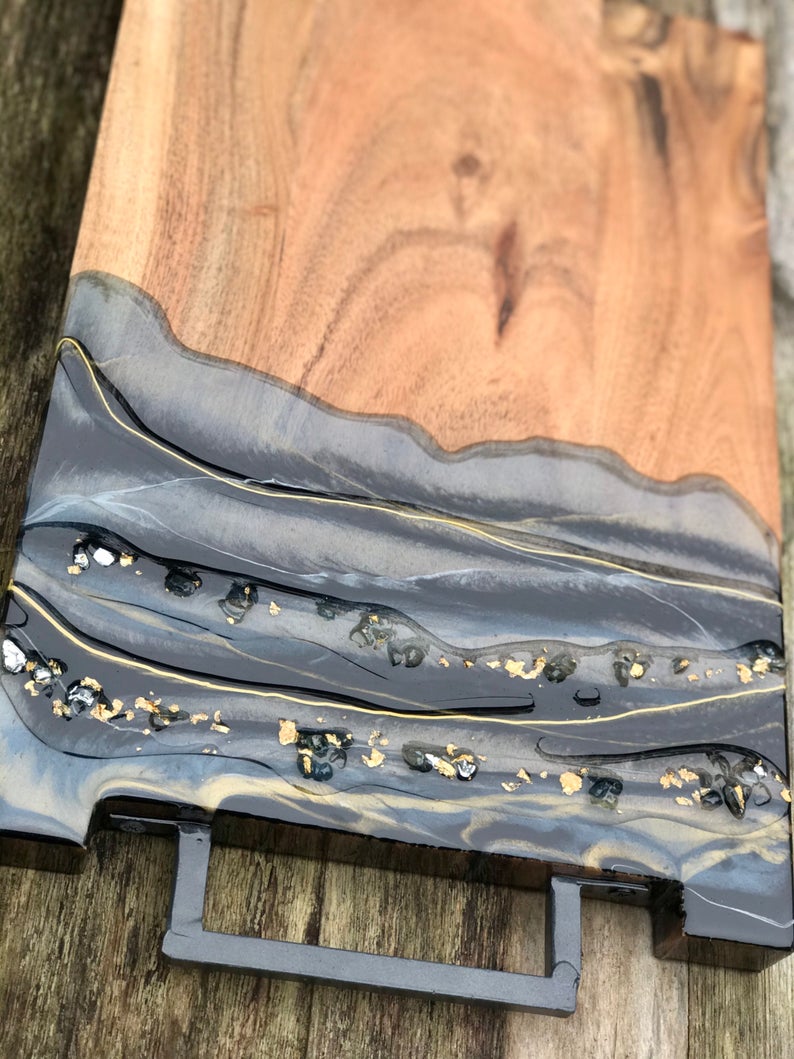 Large Wood Cutting Board Gourgeous Black, Grey Gold Resin.