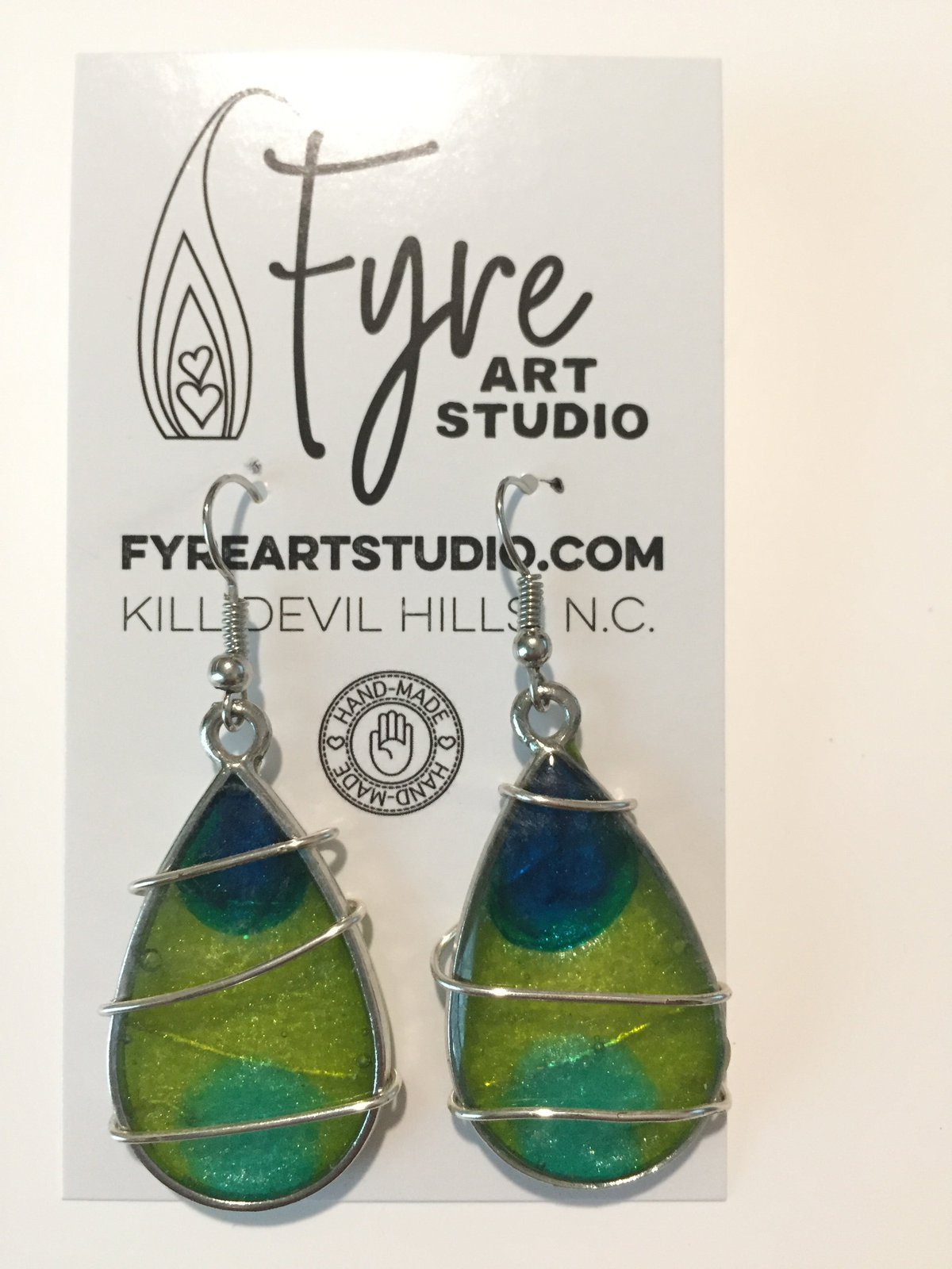 Lime Green, Pacific Blue Teal Resin Tear Drop Wire Wrapped Earrings