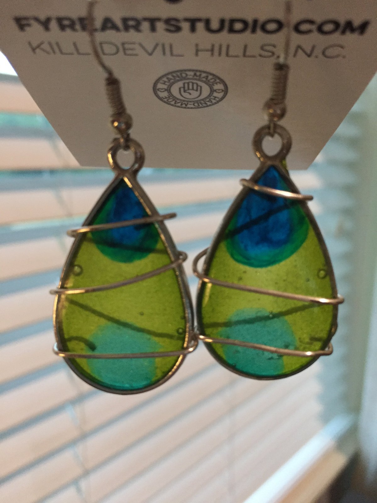Lime Green, Pacific Blue Teal Resin Tear Drop Wire Wrapped Earrings