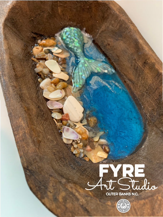 Wooden Primative Bowl with Resin Mermaid Tail Dough Bowl Art