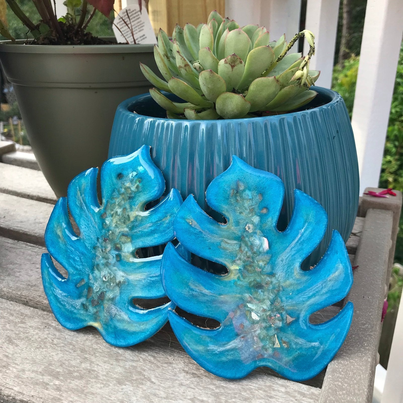 Monstera Leaf Crushed Glass/Mirror Coaster Set