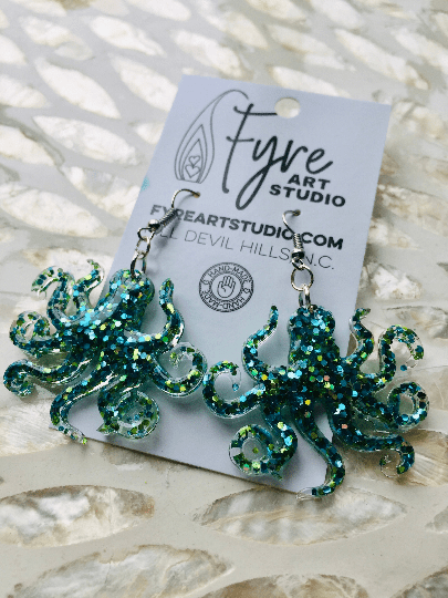 Octopus Earrings. Green blue glitter bomb Resin.