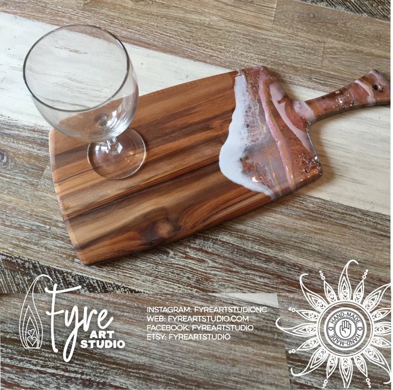 Pink Rose Gold Resin Waves Wooden Paddle Shaped Cutting Board. serving tray.