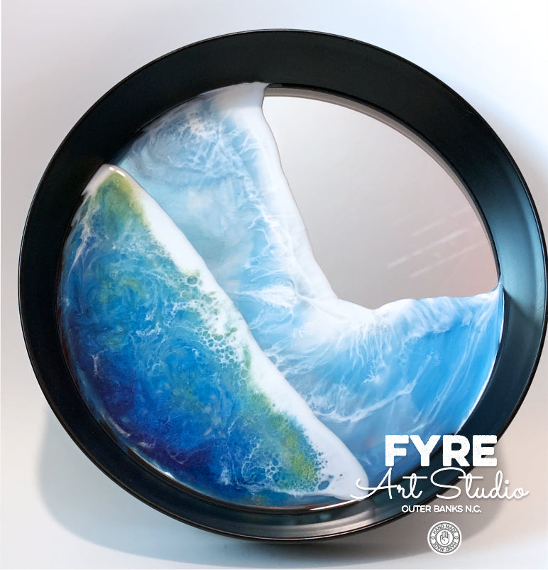 Ocean Wave Resin Mirror with round black frame