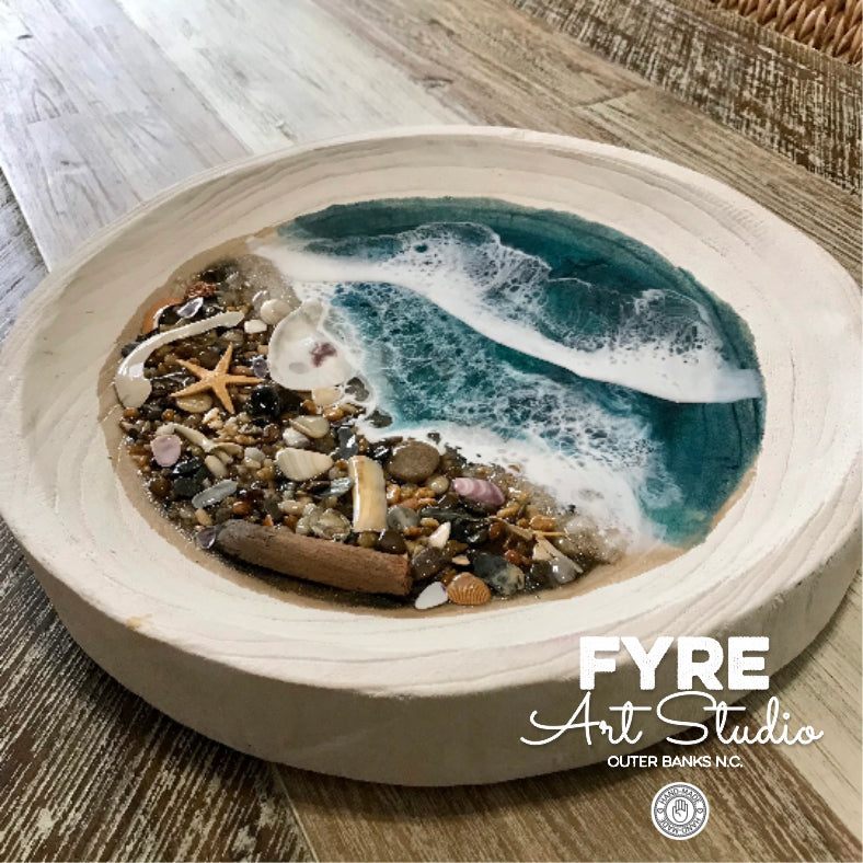 Round White Washed Bowl with Ocean Resin Waves and OBX Shells