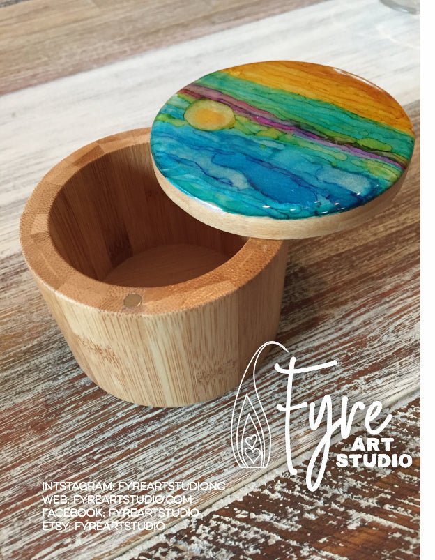 Sunshine Painting Cute Bamboo Salt Box Tea Spice storage container. Original art painted alcohol inks sealed resin.